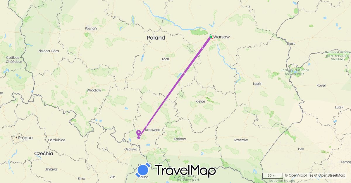 TravelMap itinerary: driving, bus, train, hiking in Poland (Europe)